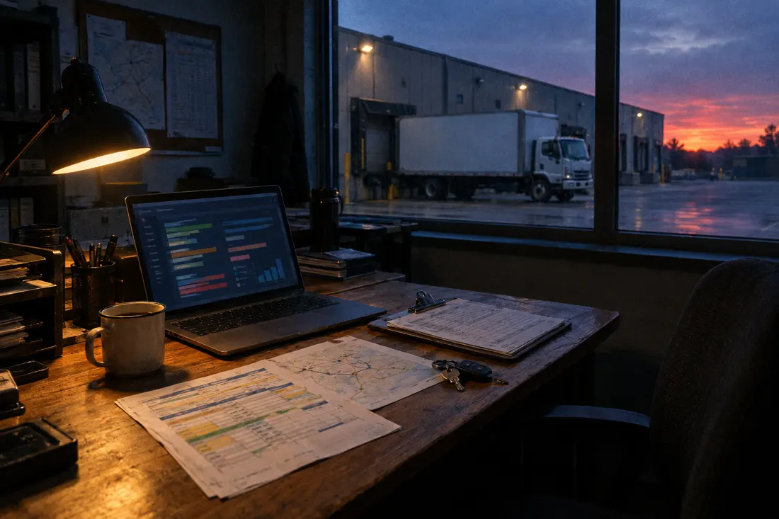 Operations desk with route sheets, a manifest clipboard and a laptop dashboard, box truck at the dock outside