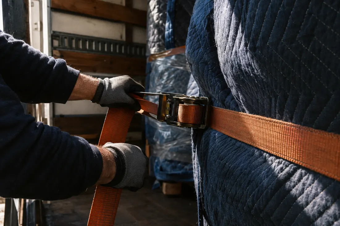 Gloved hands tightening a strap over blanket-wrapped furniture inside a truck
