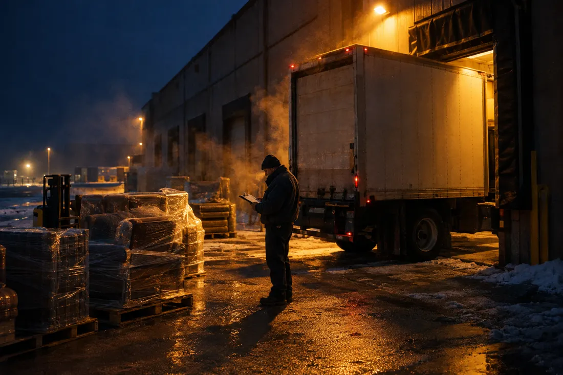 Driver checking a manifest at a warehouse loading dock before sunrise
